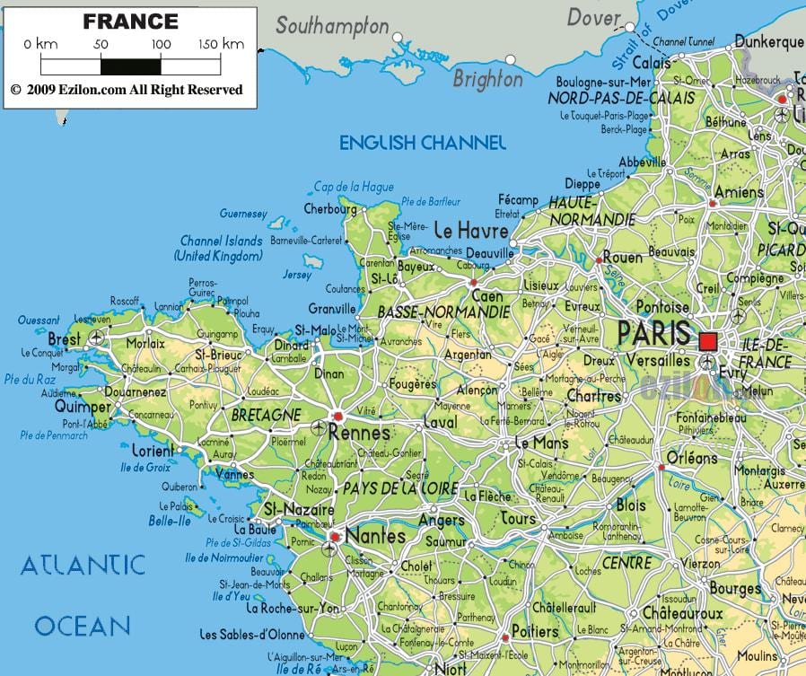 carte de la France du nord de la côte