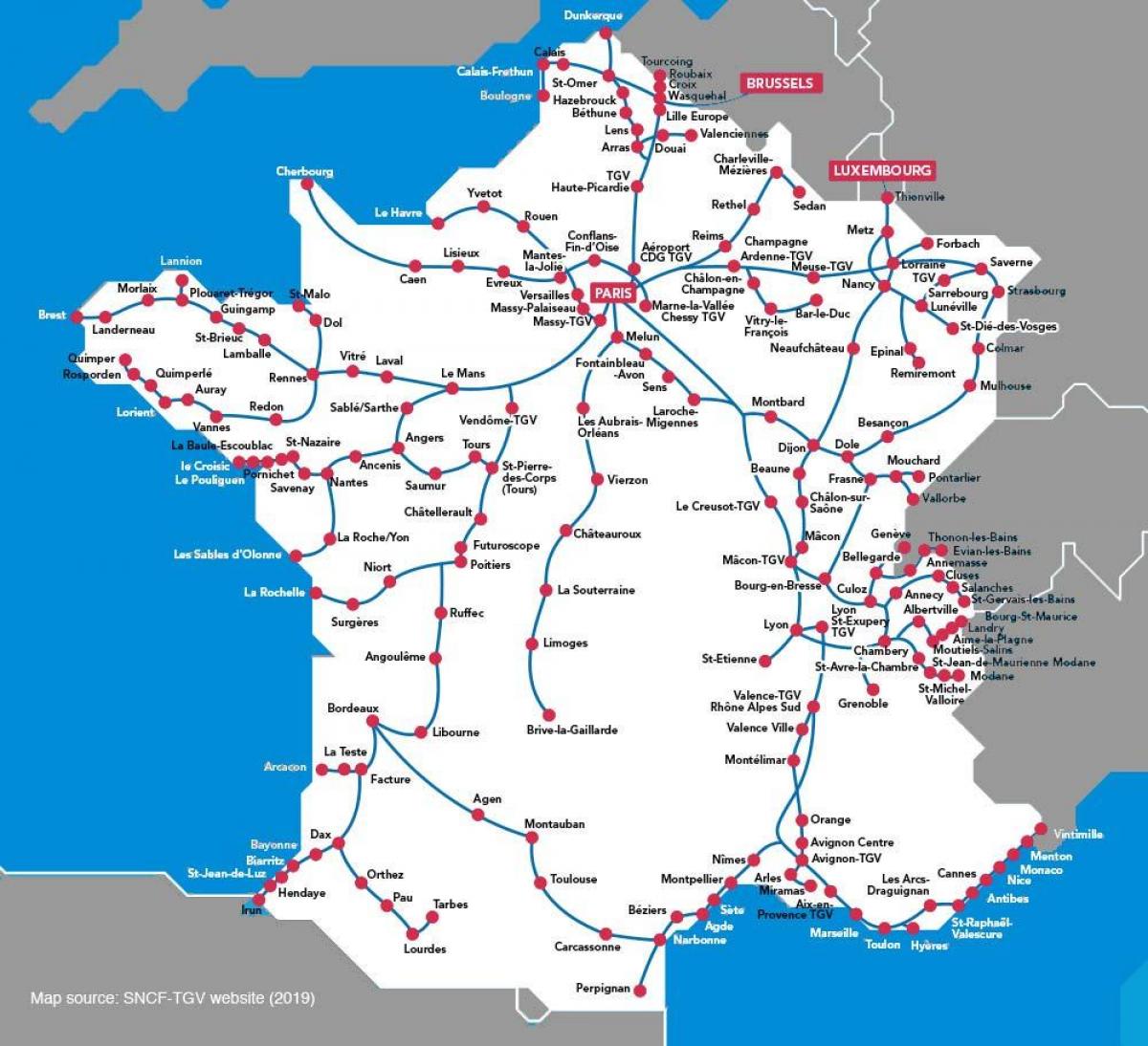 carte de France de train à grande vitesse